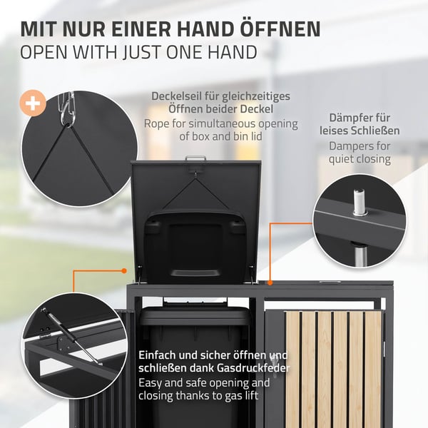 ML-Design Avfallskärlsbox 2 kärl 240L 132x80x116;3cm Antracit-Lärkoptik; Stål; väderbeständig; Låsbar avfallskärlsförklädnad; Fällbart lock/2 dörrar;