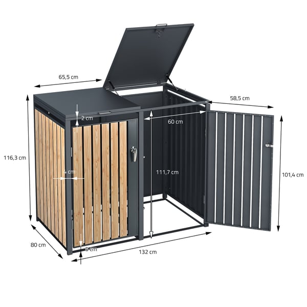 ML-Design Affaldscontainerboks til 2 affaldsspande 240L 132x80x116;3cm Antracit-lærketræslook; stål; vejrbestandig; Låsbar affaldscontainerbeklædning