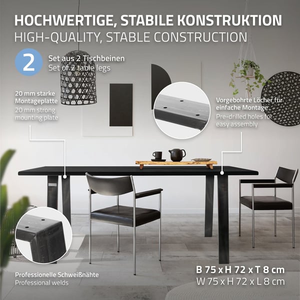 ML-Design 2 stk. Bordben Loft 75x72 cm; Industriel; Profil 8x2 cm; af stål; Industrielt design; U-form; Metal bordramme scandic; Bordben