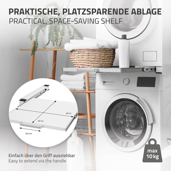 ML-Design mellemramme med udtræksplade af stål; 60x60 cm; hvid; forbindelsesramme til vaskemaskine / tørretumbler; mellembygningssæt med udtræk som