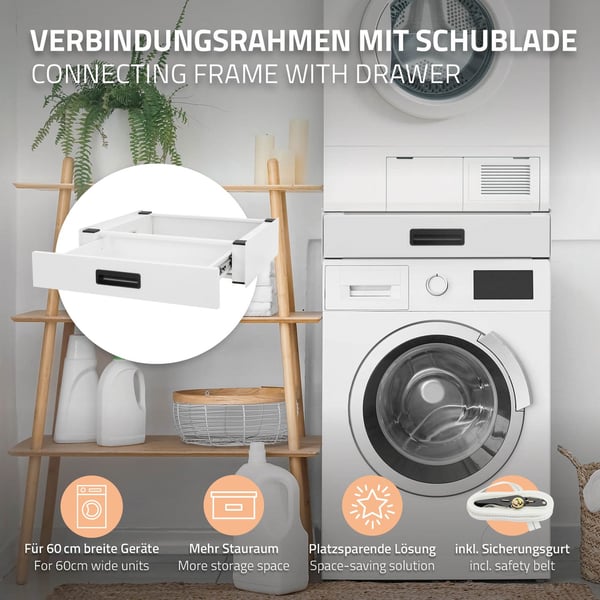 ML-Design Forbindelsesramme til vaskemaskine og tørretumbler med udtræksskuffe; stål; 60x55cm; hvid; skridsikker; universal mellembygningssæt til