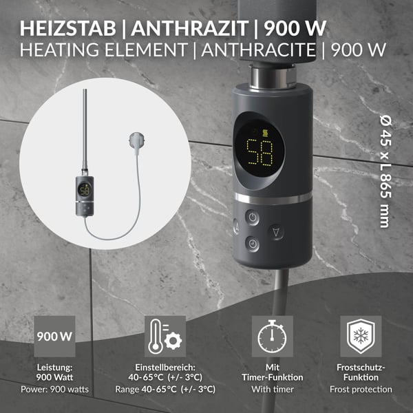 ML-Design Varmestav 900W Antracit med termostat & LCD-skærm; Elektronisk temperaturregulator & timing-funktion; Varmelegeme til