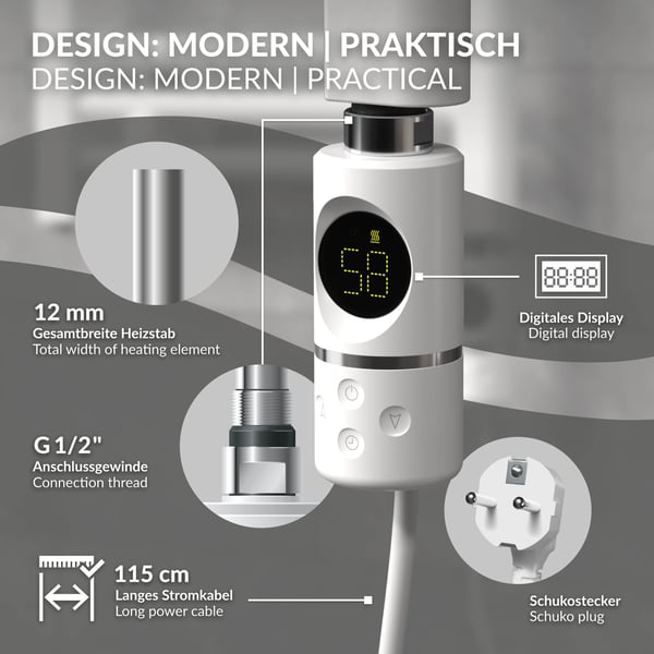 ML-Design Varmestav 600W Hvid med termostat og LCD-skærm; Elektronisk temperaturregulator og timing-funktion; Varmelegeme til badeværelsesradiatorer;