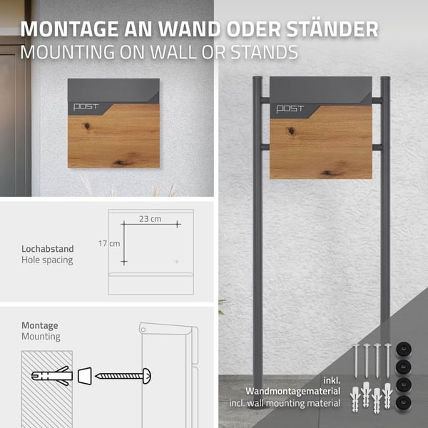 ECD Germany Standbriefkasten med avisfag; design brevkasse med stolpe; brevkasseanlæg; brevkassestativ antracit pulverlakeret rustfrit stål;