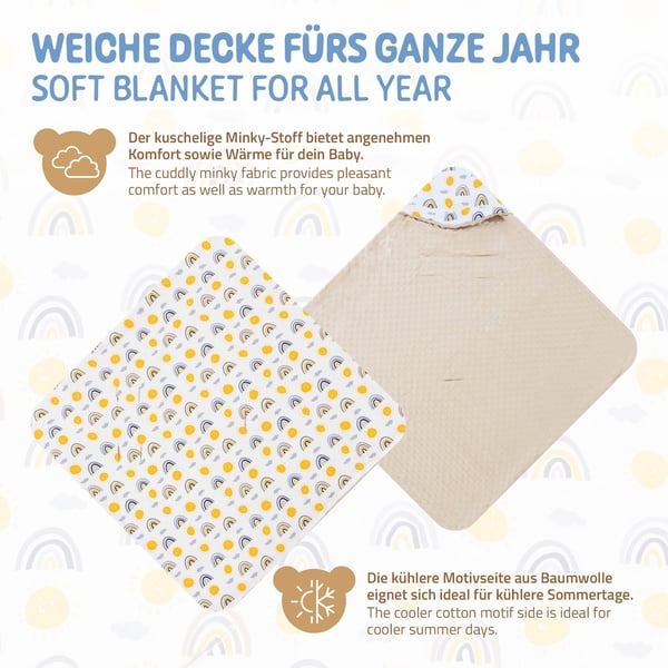 Joyz Einschlagdecke beigem Minky; 100% Baumwolle; 84x84 cm; Doppelseitig; Universal für Babyschale; Autositz; Kinderwagen oder Buggy; Kuscheldecke