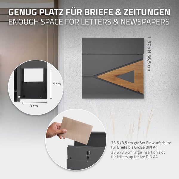 ECD Germany Standpostkasse med avisfag; fritstående postkassestander; antracitfarvet 170 cm rustfrit stål pulverlakeret postkasse; antracit/holzoptik