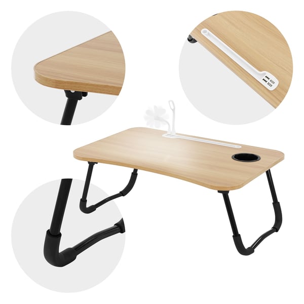 ML-Design Laptoptabel til sengen/sofaen; trælook 60x40cm; sammenklappelig sengbord; notebookbord med 4 USB-opladningsporte; skuffe; USB-lampe;