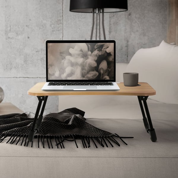 ML-Design Laptoptabel til sengen/sofaen; trælook 60x40cm; sammenklappelig sengbord; notebookbord med 4 USB-opladningsporte; skuffe; USB-lampe;