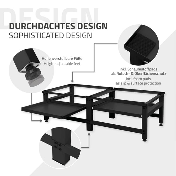 ML-Design Doppel Vaskemaskine Understel med 2 udtrækkelige hylder; Sort; Stål; op til 2x 150kg + 10 kg; justerbare fødder; Vaskemaskine sokkel