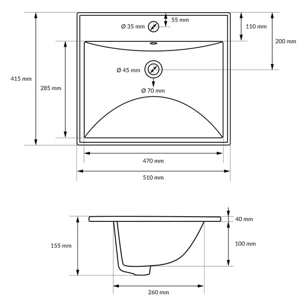 ML-Design Håndvask i hvid keramik 51x15;5x41;5 cm firkantet inkl. afløbsventil; indbygningsvask med overløb; opvaskeservant; håndvask til badeværelse
