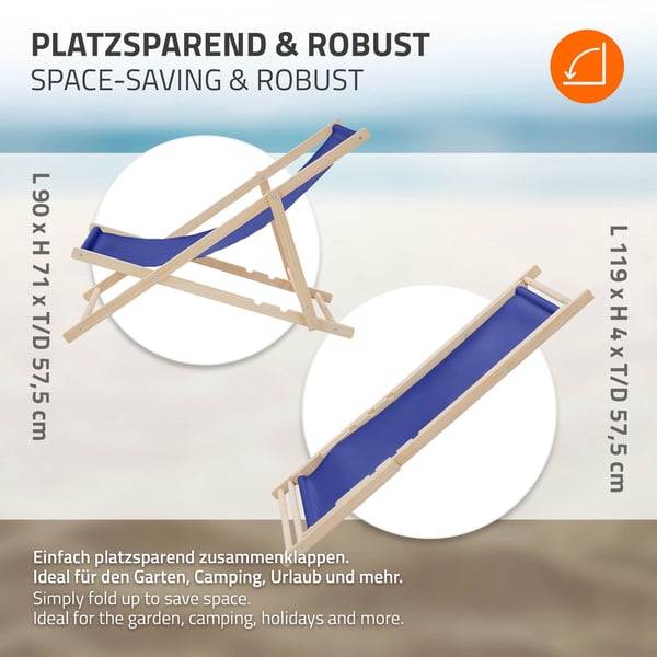 ECD Germany 2 stk. Foldbar solstol; blå; af træ; justerbar ryglæn; 3 positioner; op til 120 kg; solseng havebænk strandstol træklapstol; til have;