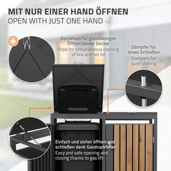 ML-Design Avfallskärlåda 4 kärl 240L 264x80x116;3cm Antracit-Ekoptik; Stål; väderbeständig; Låsbar avfallskärlsförklädnad; Fällbart lock/4 dörrar;