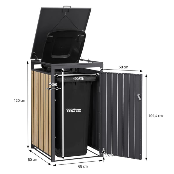 ML-Design Affaldsbeholderboks til 3 affaldsbeholdere 240L 200x80x116;3cm Antracit-Lærketræslook; Stål; vejrbestandig; Låsbar