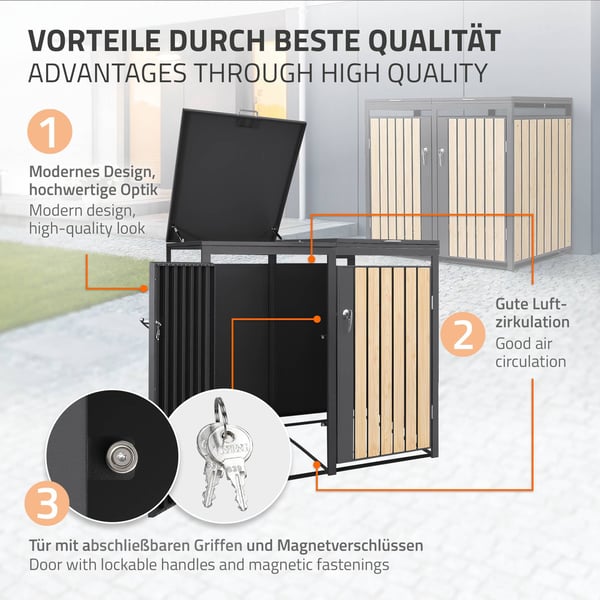 ML-Design Affaldsbeholderboks til 3 affaldsbeholdere 240L 200x80x116;3cm Antracit-Lærketræslook; Stål; vejrbestandig; Låsbar