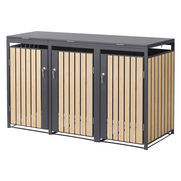 ML-Design Affaldsbeholderboks til 3 affaldsbeholdere 240L 200x80x116;3cm Antracit-Lærketræslook; Stål; vejrbestandig; Låsbar