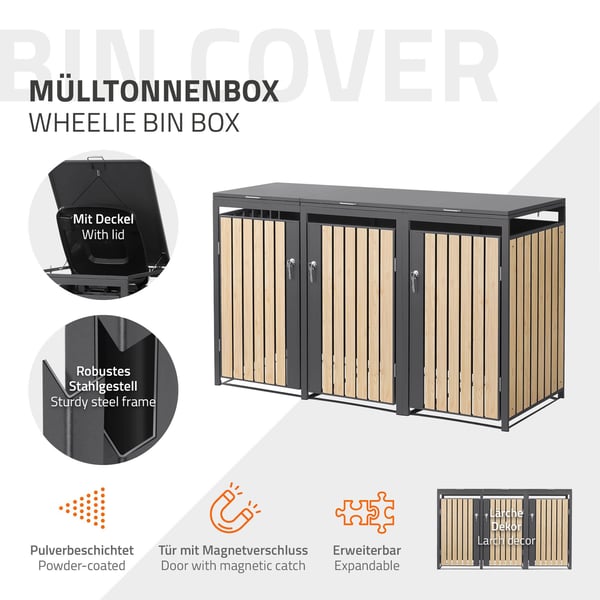 ML-Design Affaldsbeholderboks til 3 affaldsbeholdere 240L 200x80x116;3cm Antracit-Lærketræslook; Stål; vejrbestandig; Låsbar