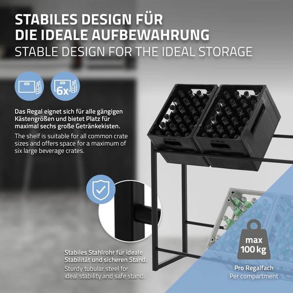ML-Design Drikkevarekassestativ 6-8 kasser; 104x32x82;5 cm; Stål; fritstående; Stativ til drikkevarekasser; Drikkevarestativ Kassestativ