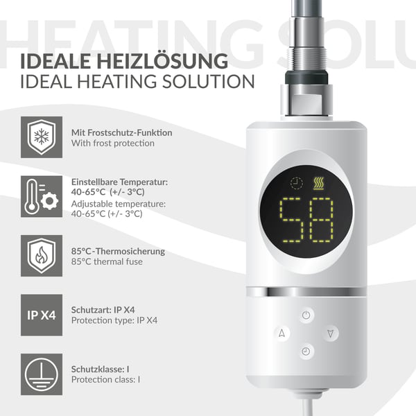 Opvarmet håndklæde radiator med opvarmning element 600 W ECD Germany Model Sahara 600 x 800 mm hvid lige sidetilslutning håndklædeholder