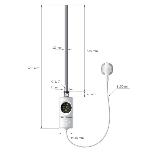 Opvarmet håndklæde radiator med opvarmning element 600 W ECD Germany Model Sahara 600 x 800 mm hvid lige sidetilslutning håndklædeholder
