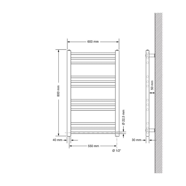 Opvarmet håndklæde radiator med opvarmning element 600 W ECD Germany Model Sahara 600 x 800 mm hvid lige sidetilslutning håndklædeholder