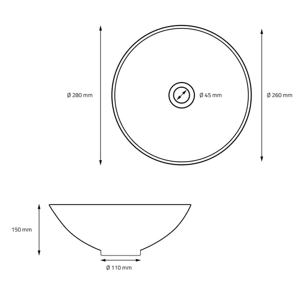 ML-Design Keramisk Vask i Mat Sort Ø 280 x 150 mm med Afløbsventil; Rund Overfladevask; Moderne Håndvask; Vaskeskål; Håndvask til Badeværelse /