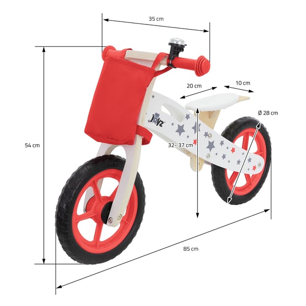 Joyz Træbalancecykel; Rød; Løbecykel til børn fra 2 år; Træbalancecykel med justerbar sæde; punkterfrie 11 tommer EVA-hjul; Børnecykel med stofpose;