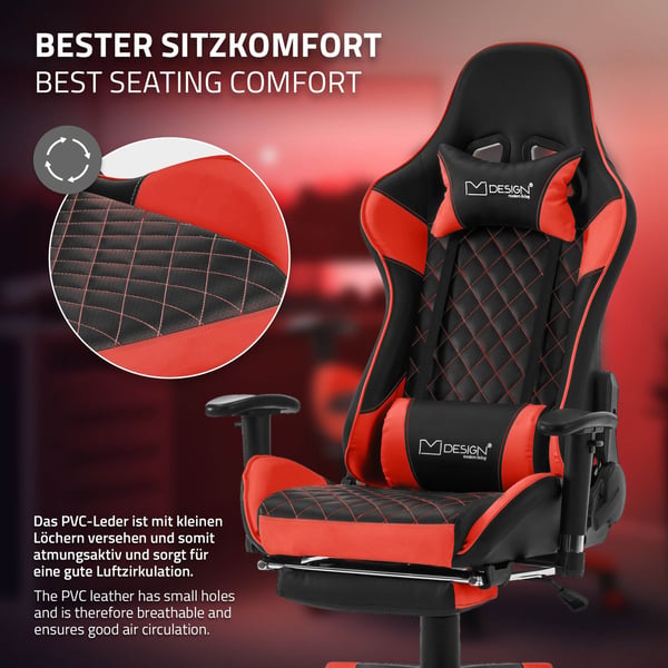 ML-Design Spillerstol med fodstøtte; rødt kunstlæder; ergonomisk kontorstol med armlæn; nakkestøtte; lændestøtte; justerbar drejestol; højt ryglæn;