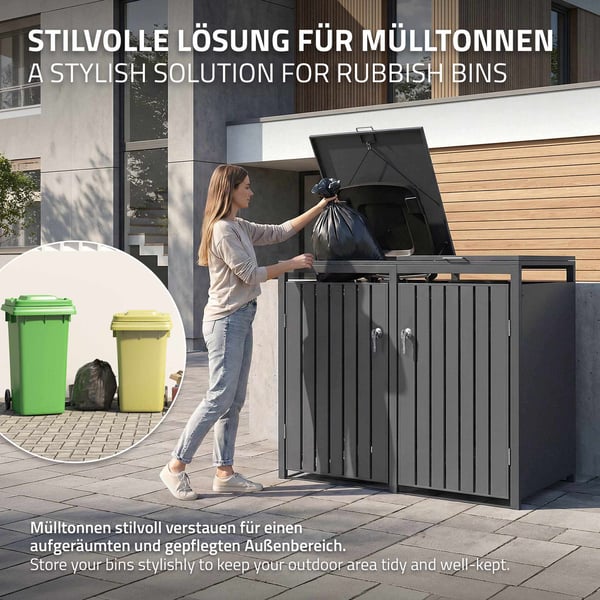 ML-Design Affaldsbeholderboks til 3 containere; 240L; 200x80x116;3 cm; Antracit; Stål; vejrbestandig; Låsbar affaldsbeholderbeklædning med klaplåg/3