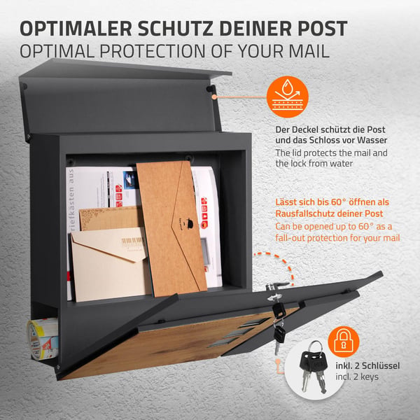 ECD Germany seisova postilaatikko lehtitelineellä; muotoiltu postilaatikko tolpan kanssa; postilaatikkoryhmä; hopeanvärinen 120 cm ruostumaton teräs