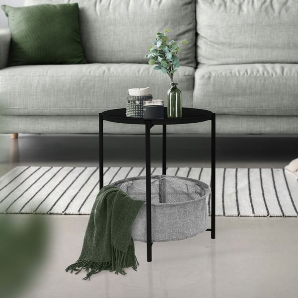ML-Design Sivupöytä pyöreä Ø46xK51 cm Musta; metallista valmistettu; sohvapöytä kangaskorilla ja irrotettavalla tarjottimella; säilytystilana toimiva