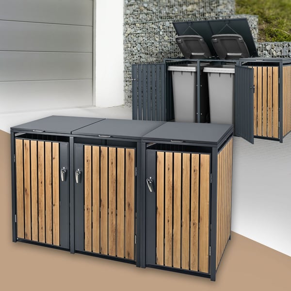 ML-Design Affaldsbeholderboks til 3 affaldsbeholdere 240L 200x80x116;3cm Antracit-Eg; Stål; vejrbestandig; Låsbar affaldsbeholderbeklædning med