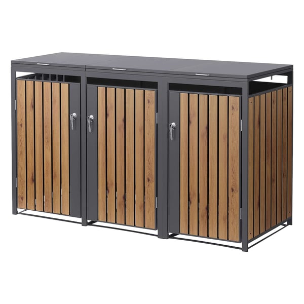 ML-Design Avfallskärlsbox 3 kärl 240L 200x80x116;3cm Antracit-Ekoptik; Stål; väderbeständig; Låsbar avfallskärlsförklädnad; Fällbart lock/3 dörrar;