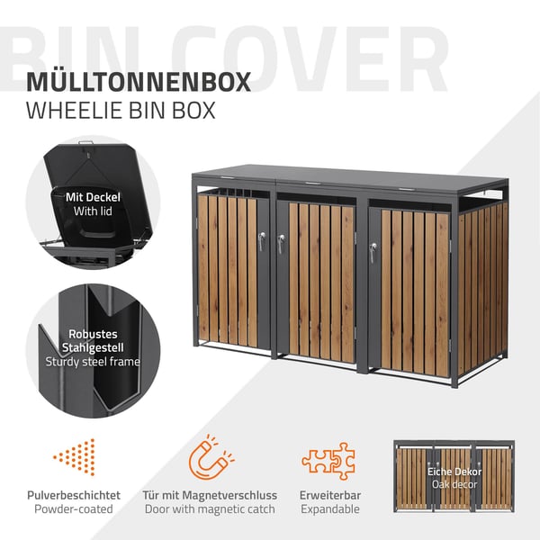 ML-Design Avfallskärlsbox 3 kärl 240L 200x80x116;3cm Antracit-Ekoptik; Stål; väderbeständig; Låsbar avfallskärlsförklädnad; Fällbart lock/3 dörrar;