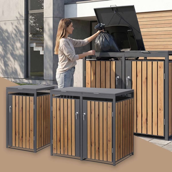 ML-Design Avfallskärlsbox 3 kärl 240L 200x80x116;3cm Antracit-Ekoptik; Stål; väderbeständig; Låsbar avfallskärlsförklädnad; Fällbart lock/3 dörrar;