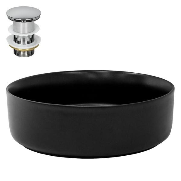 ML-Design Keramisk Vask i Mat Sort Ø 360 x 120 mm med Afløbsventil; Rund Overfladevask; Moderne Håndvask; til Badeværelse / Gæstetoilet