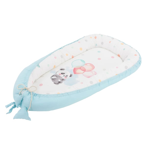 Joyz Babynest; Panda Lyseblå; 90x50cm; Bomuld; tosidet; antiallergisk; bærbar; Multifunktionelt Babynest; Kokon til babyer og spædbørn; Baby Nest