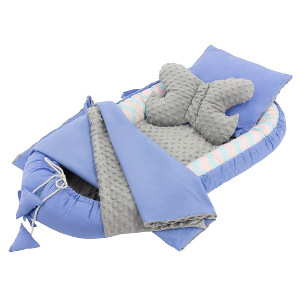 Joyz 5-delat Babynest Set; val med blå Minky; 90x50 cm; bomull; med mysig filt; kudde och avtagbar insats; Babynest Kokong Babysäng Nyfödd Kramplats
