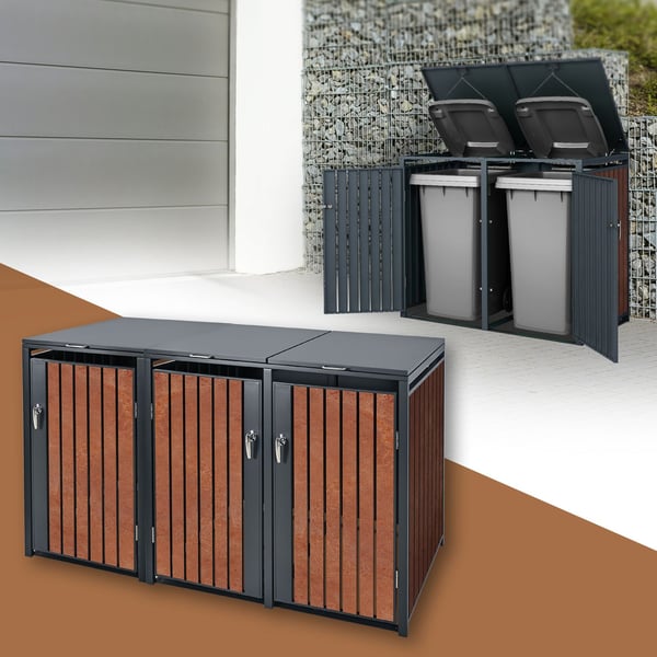 ML-Design Avfallskärlsbox 3 kärl; 240L; 200x80x116;3 cm; Antracit-Rostoptik; Stål/Cortenstål; Låsbar avfallskärlsförklädnad med fällbart lock/3