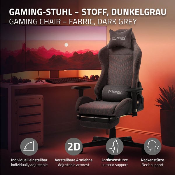 ML-Design Gaming Stol; Grå-Rød; Stof; Ergonomisk Kontorstol; Justerbar Drejestol; Racing Gamer Stol med Armlæn; Nakkestøtte; Lændepude; Fodstøtte;