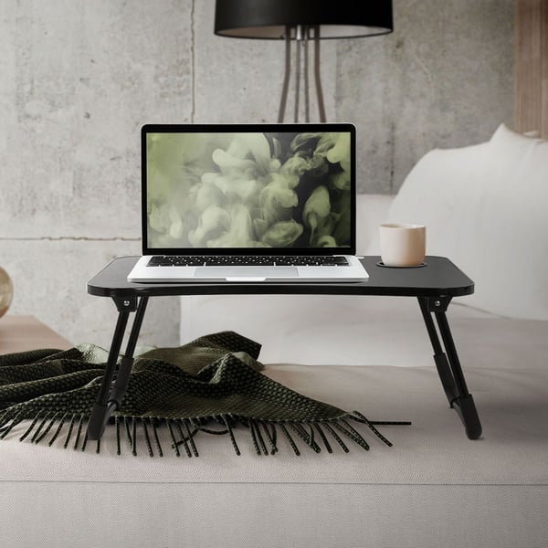 ML-Design Laptoptabel til sengen/sofaen; Sort 60x40 cm; Foldbar sengbord; Notebook-tabel med 4 USB-opladningsporte; Skuffe; USB-lampe; Ventilator;