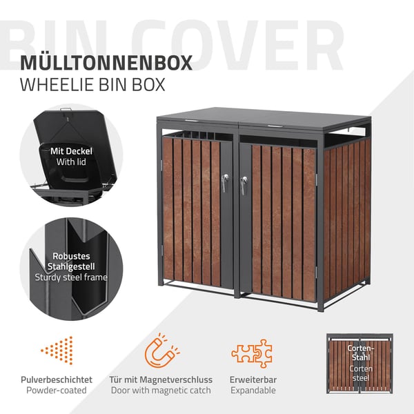 ML-Design Affaldsbeholderboks til 2 containere; 240L; 132x80x116;3 cm; Antracit-rustoptik; lavet af stål/cortenstål; Låsbar affaldsbeholderbeklædning