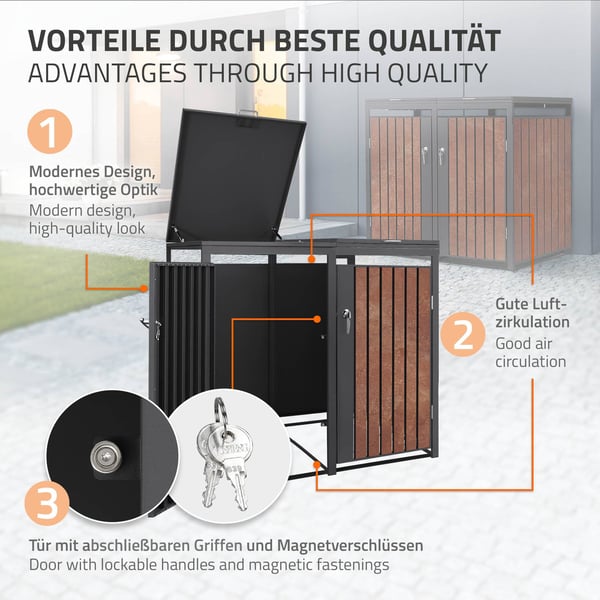 ML-Design Affaldsbeholderboks til 2 containere; 240L; 132x80x116;3 cm; Antracit-rustoptik; lavet af stål/cortenstål; Låsbar affaldsbeholderbeklædning