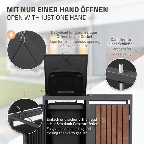 ML-Design Affaldsbeholderboks til 2 containere; 240L; 132x80x116;3 cm; Antracit-rustoptik; lavet af stål/cortenstål; Låsbar affaldsbeholderbeklædning