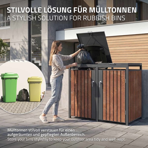 ML-Design Affaldsbeholderboks til 2 containere; 240L; 132x80x116;3 cm; Antracit-rustoptik; lavet af stål/cortenstål; Låsbar affaldsbeholderbeklædning