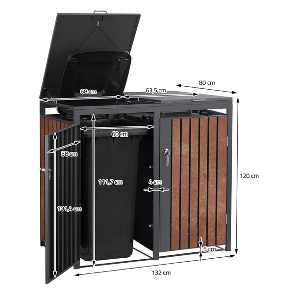 ML-Design Affaldsbeholderboks til 2 containere; 240L; 132x80x116;3 cm; Antracit-rustoptik; lavet af stål/cortenstål; Låsbar affaldsbeholderbeklædning