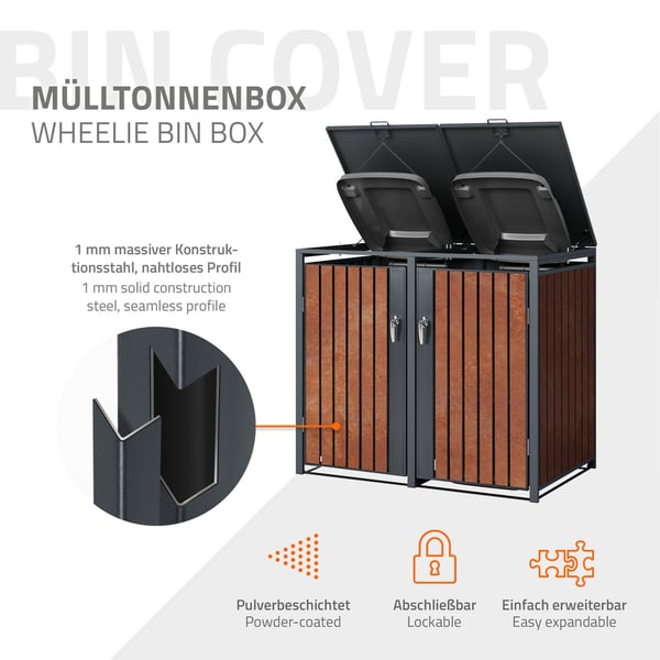 ML-Design Affaldsbeholderboks til 4 affaldsbeholdere; 240L; 264x80x116;3 cm; Antracit-rustoptik; Stål/Cortenstål; Låsbar affaldsbeholderbeklædning