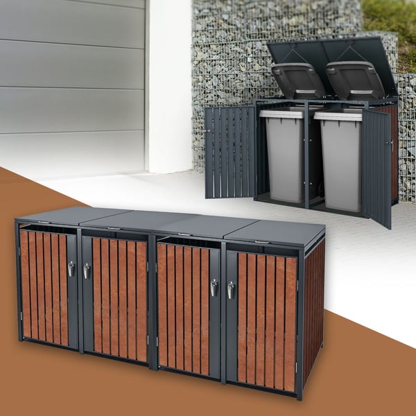 ML-Design Affaldsbeholderboks til 4 affaldsbeholdere; 240L; 264x80x116;3 cm; Antracit-rustoptik; Stål/Cortenstål; Låsbar affaldsbeholderbeklædning