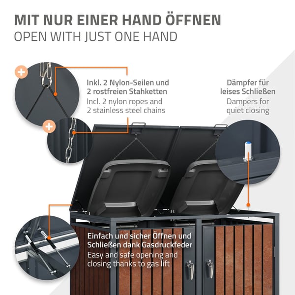 ML-Design Affaldsbeholderboks til 4 affaldsbeholdere; 240L; 264x80x116;3 cm; Antracit-rustoptik; Stål/Cortenstål; Låsbar affaldsbeholderbeklædning