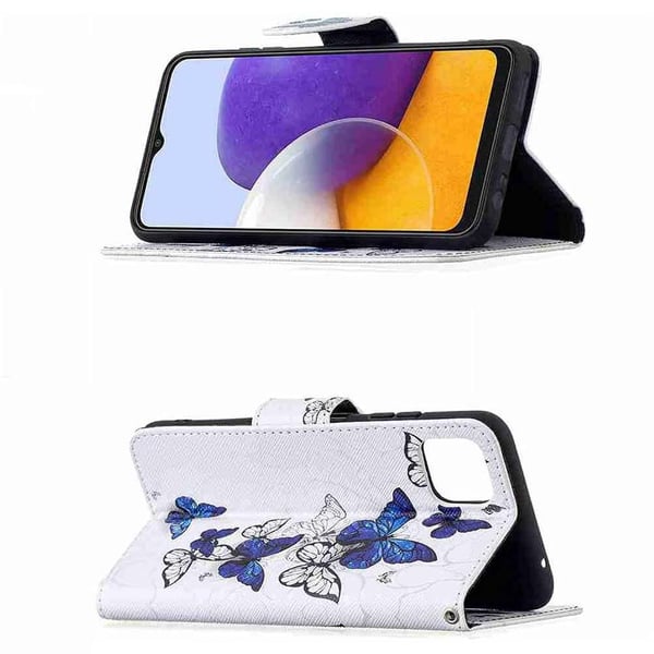 Pung Etui Samsung Galaxy A22 5G – Blå og Hvide Sommerfugle