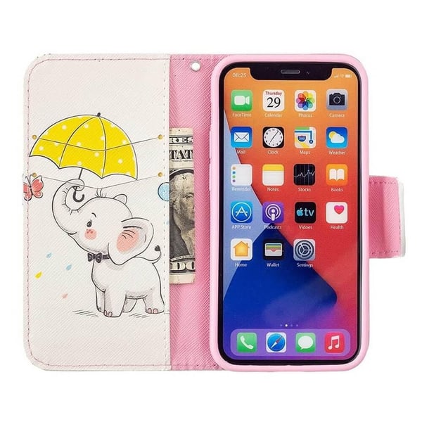 Lompakkokotelo iPhone 14 - Elefantti Sateenvarjolla